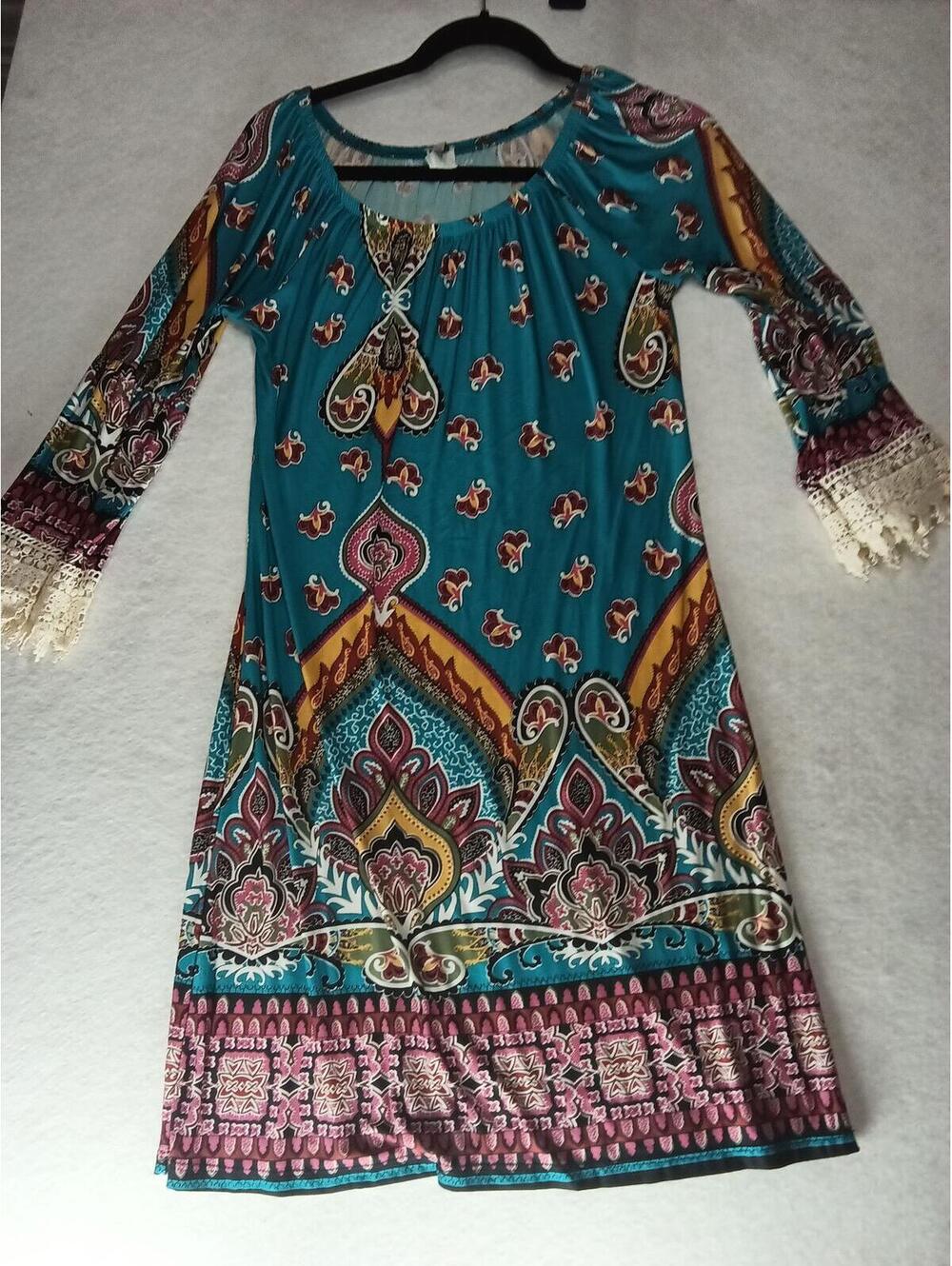 Lily Pad Women’s Small Boho Paisley Dress Teal Multicolor